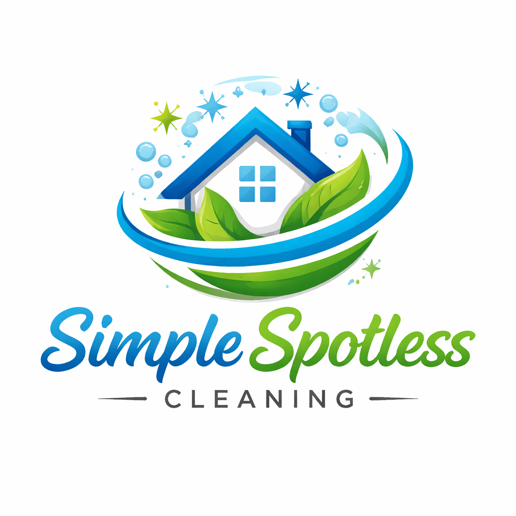 Simple Spotless Cleaning logo featuring a house, green leaves, blue water swoosh, bubbles, and sparkles.